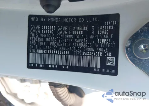 2019 Honda Civic Touring из США, поврежденный, VIN JHMFC1F9XKX005809